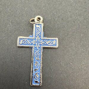 VTG Blue Enamel Cross Pendant Christian Religious Charm Silver Tone